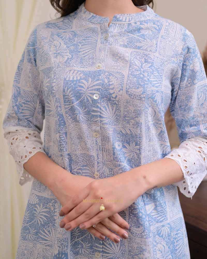 Powder Blue White Cotton A Line Kurta Set