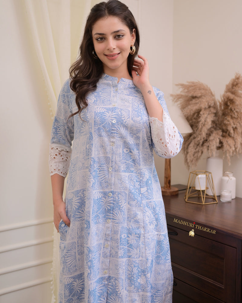 Powder Blue White Cotton A Line Kurta Set