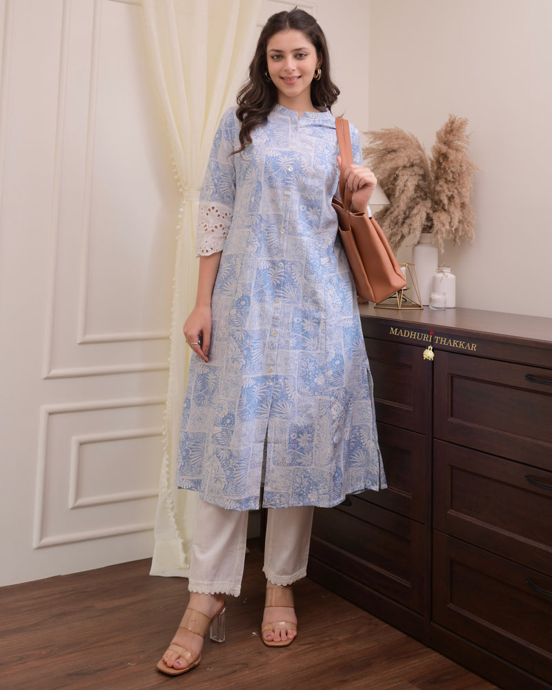 Powder Blue White Cotton A Line Kurta Set