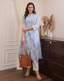 Powder Blue White Cotton A Line Kurta Set