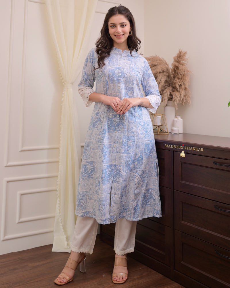 Powder Blue White Cotton A Line Kurta Set