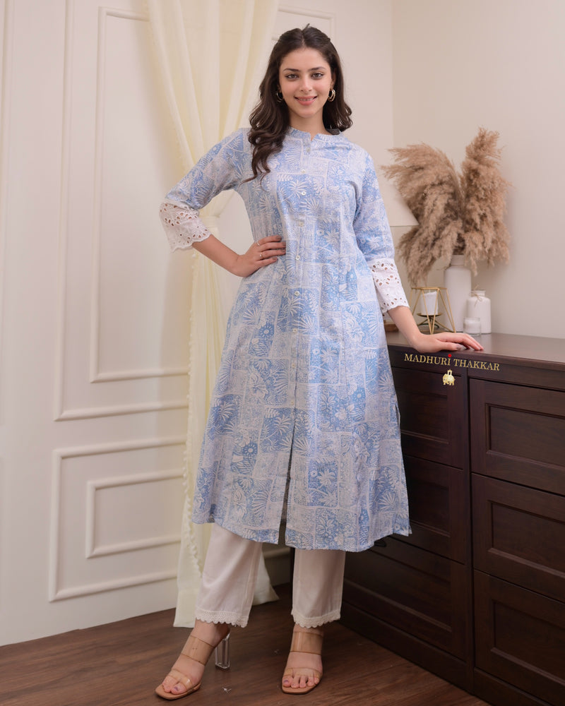 Powder Blue White Cotton A Line Kurta Set