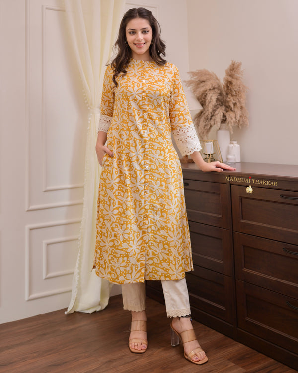 Mustard Yellow Floral Cotton A Line Kurta Set