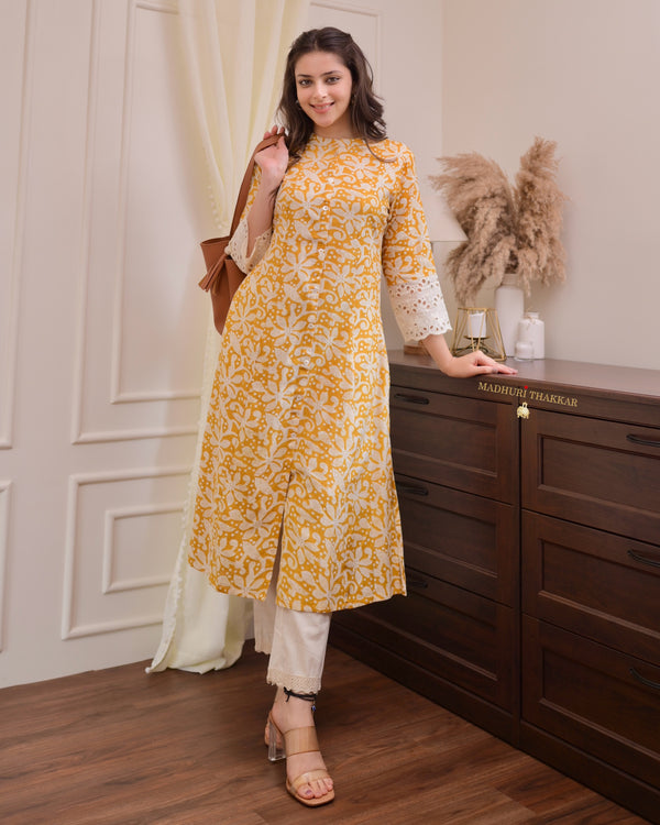 Mustard Yellow Floral Cotton A Line Kurta Set