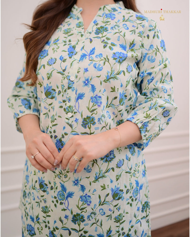 Ivory Blue Floral Cotton Loungewear Set