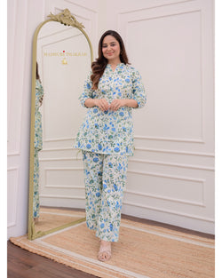 Ivory Blue Floral Cotton Loungewear Set