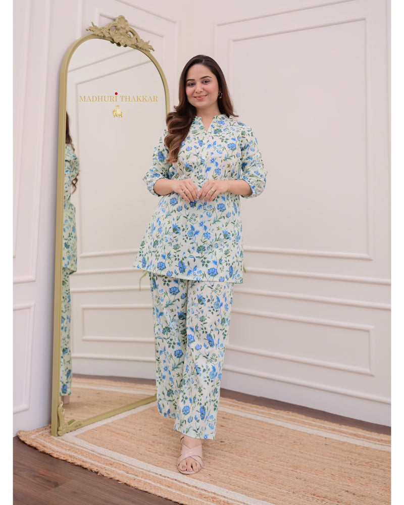 Ivory Blue Floral Cotton Loungewear Set