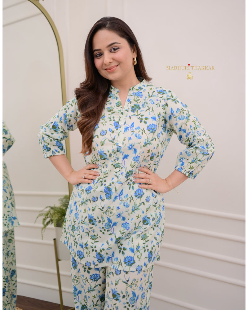 Ivory Blue Floral Cotton Loungewear Set