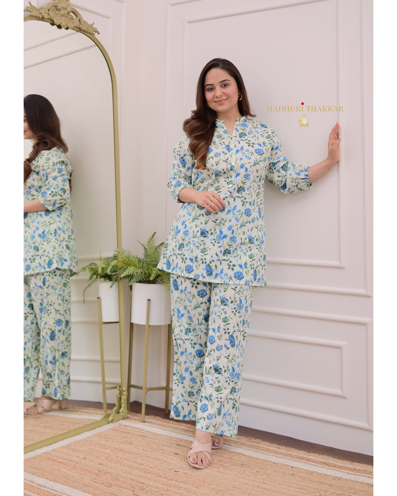 Ivory Blue Floral Cotton Loungewear Set