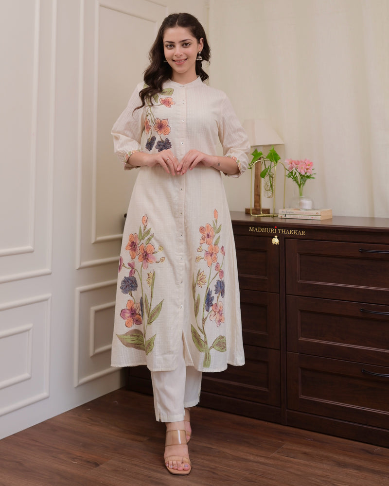 Ivory A Line Floral Print Cotton Kurta Set