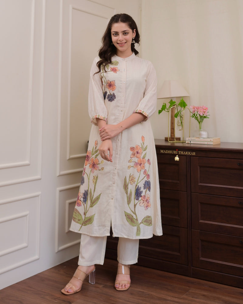 Ivory A Line Floral Print Cotton Kurta Set