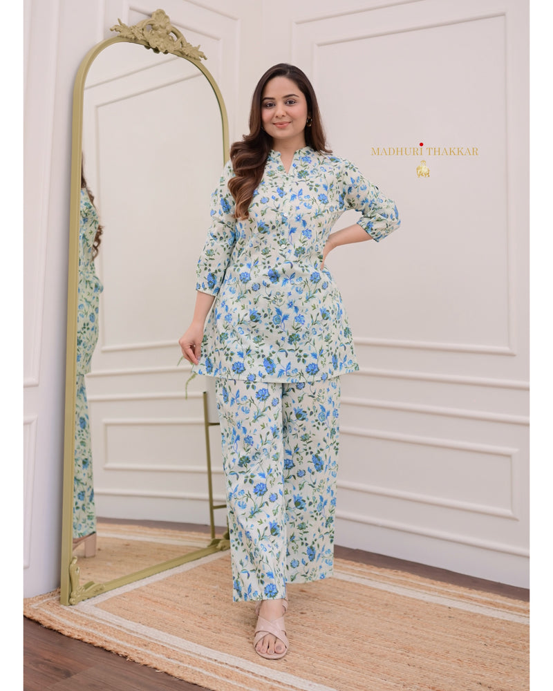 Ivory Blue Floral Cotton Loungewear Set