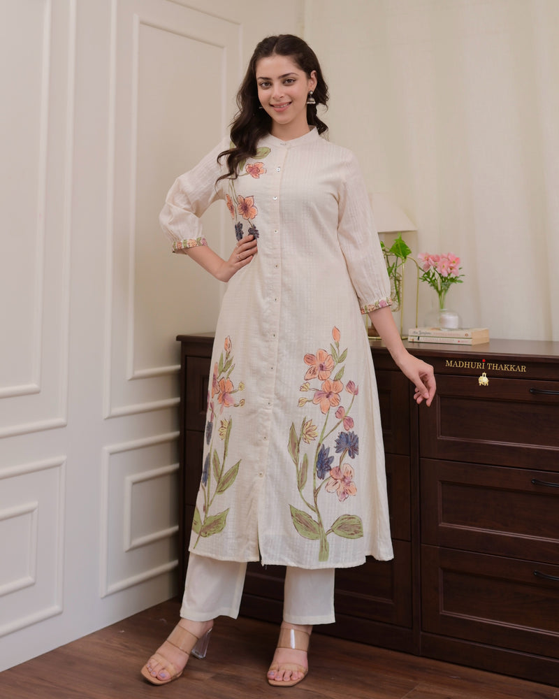 Ivory A Line Floral Print Cotton Kurta Set