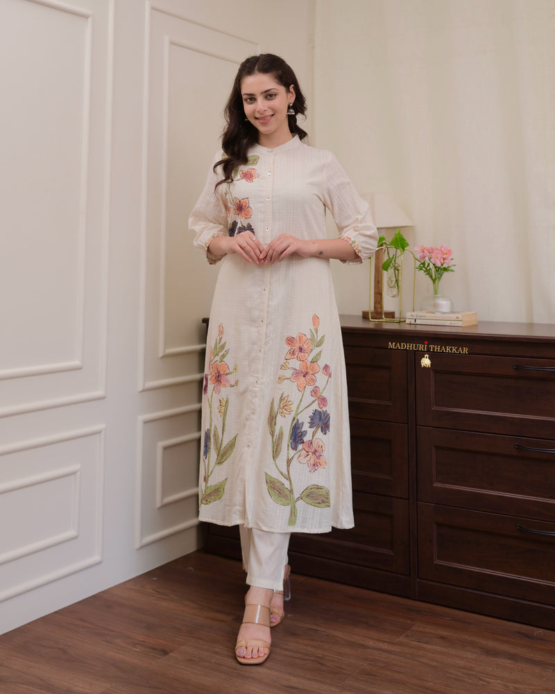 Ivory A Line Floral Print Cotton Kurta Set