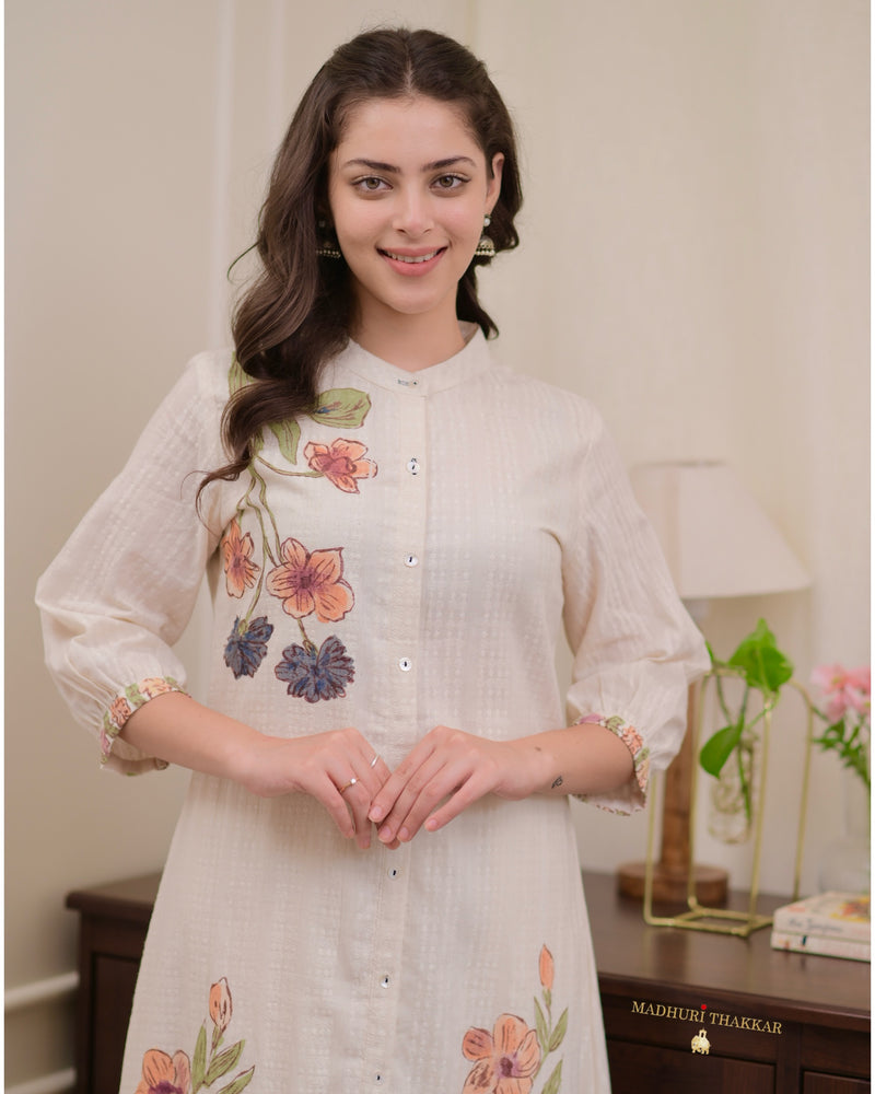 Ivory A Line Floral Print Cotton Kurta Set