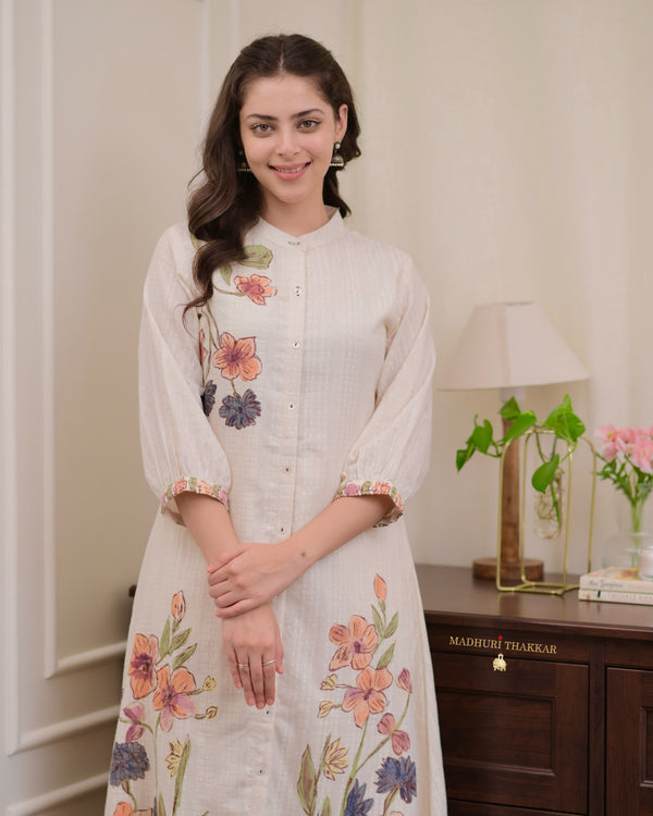 Ivory A Line Floral Print Cotton Kurta Set