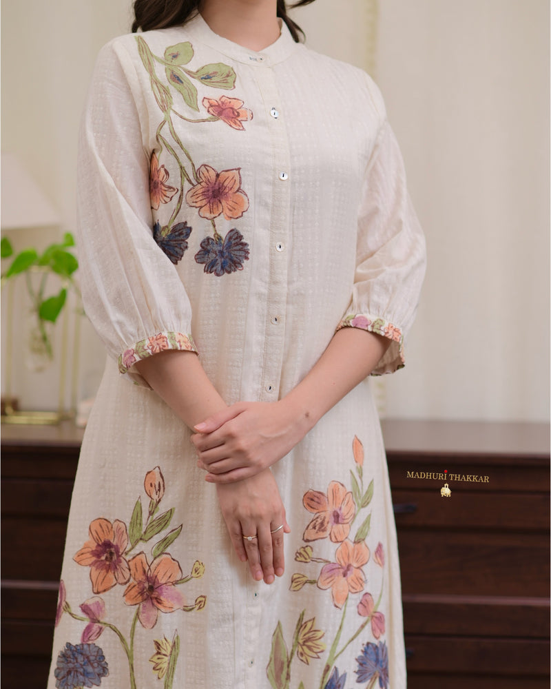 Ivory A Line Floral Print Cotton Kurta Set