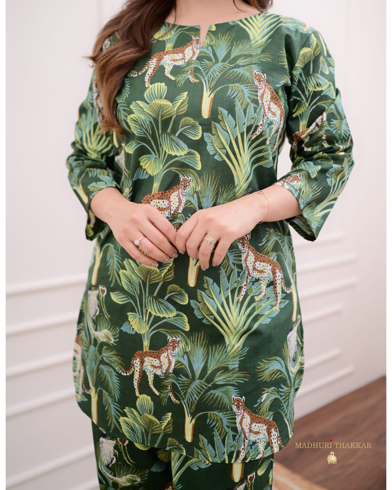 Bottle Green Botanical Cotton Loungewear Set