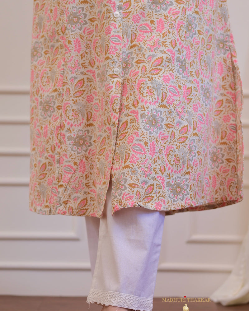 Peach Floral Cotton A Line Kurta Set