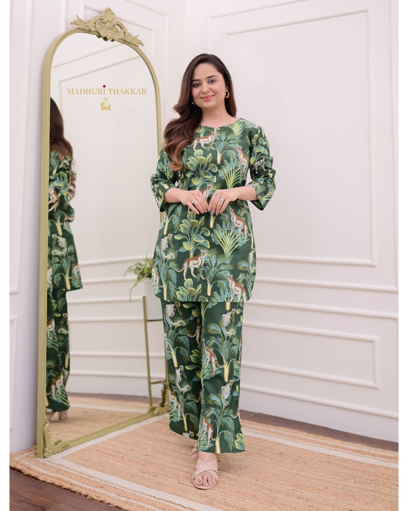 Bottle Green Botanical Cotton Loungewear Set