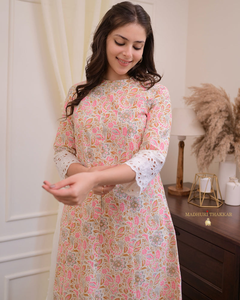 Peach Floral Cotton A Line Kurta Set