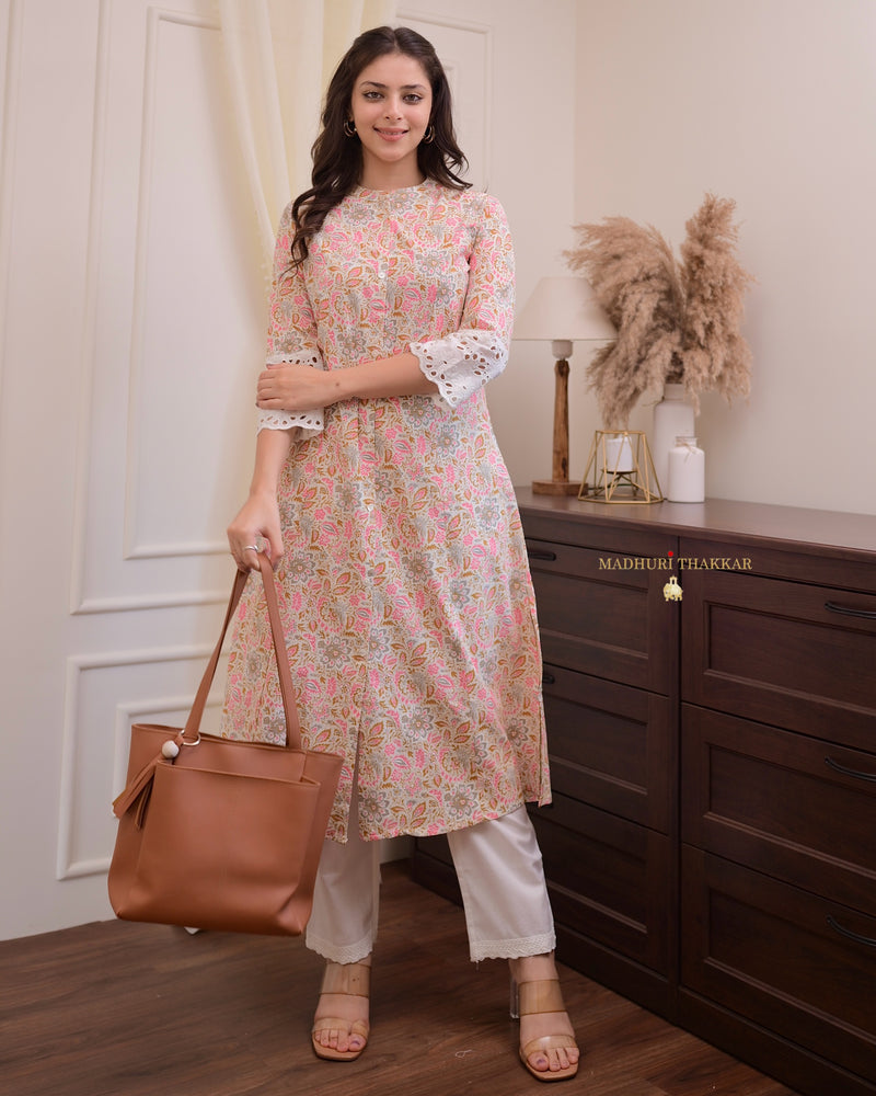 Peach Floral Cotton A Line Kurta Set