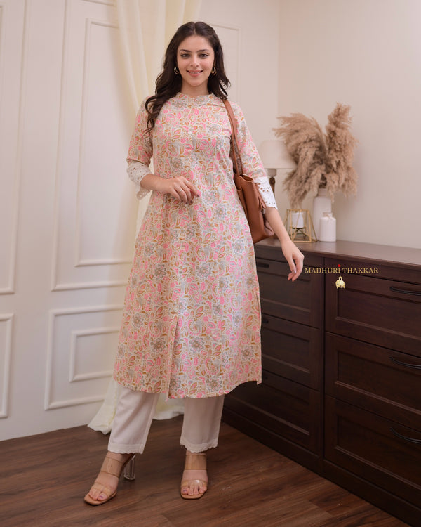 Peach Floral Cotton A Line Kurta Set