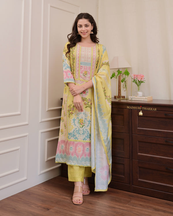 Yellow Digital Printed Muslin Suit