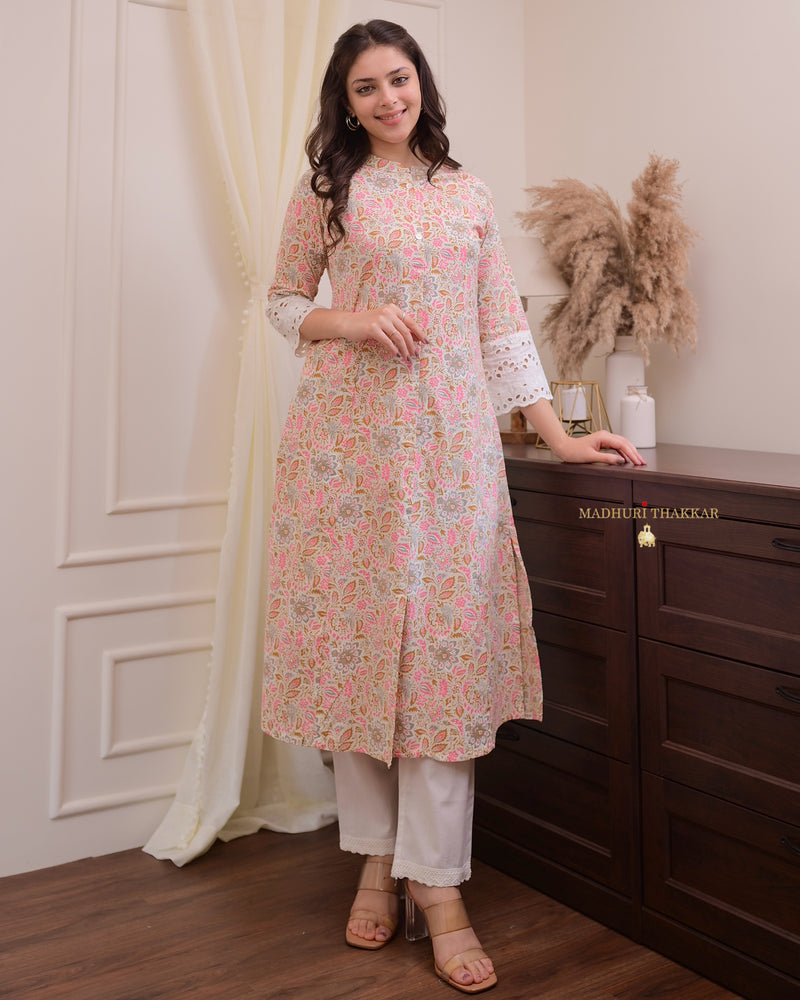 Peach Floral Cotton A Line Kurta Set