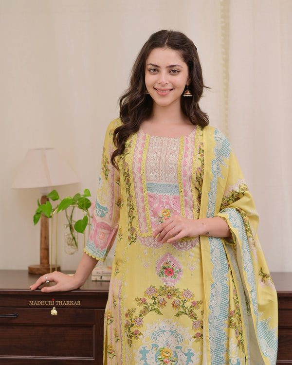 Yellow Digital Printed Muslin Suit