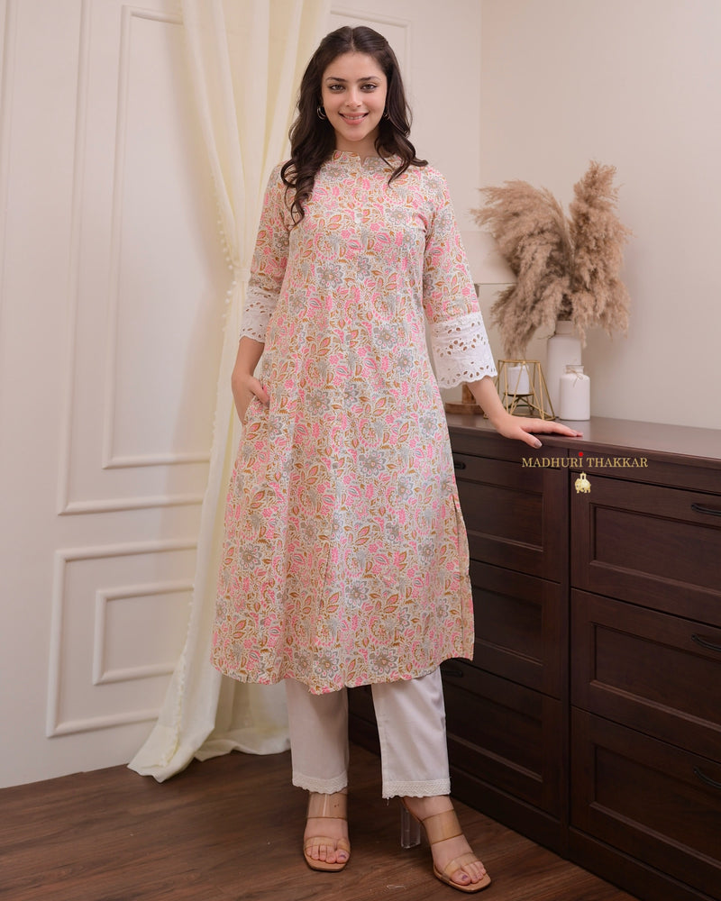 Peach Floral Cotton A Line Kurta Set