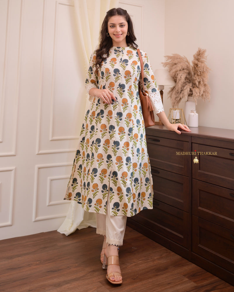 Ivory-Yellow Sunflower Cotton A Line Kurta Set