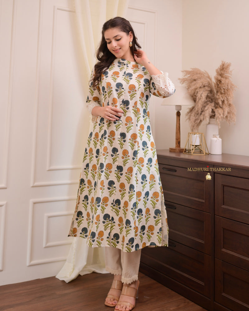 Ivory-Yellow Sunflower Cotton A Line Kurta Set