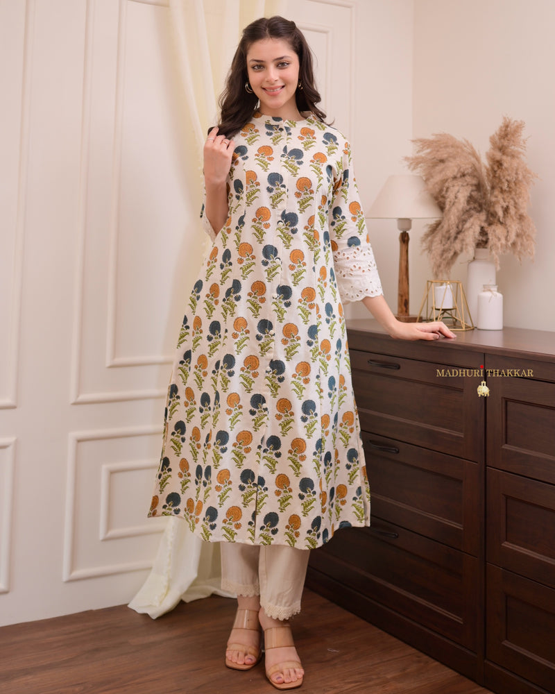 Ivory-Yellow Sunflower Cotton A Line Kurta Set