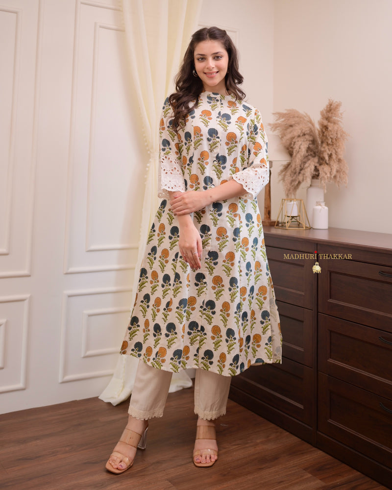 Ivory-Yellow Sunflower Cotton A Line Kurta Set