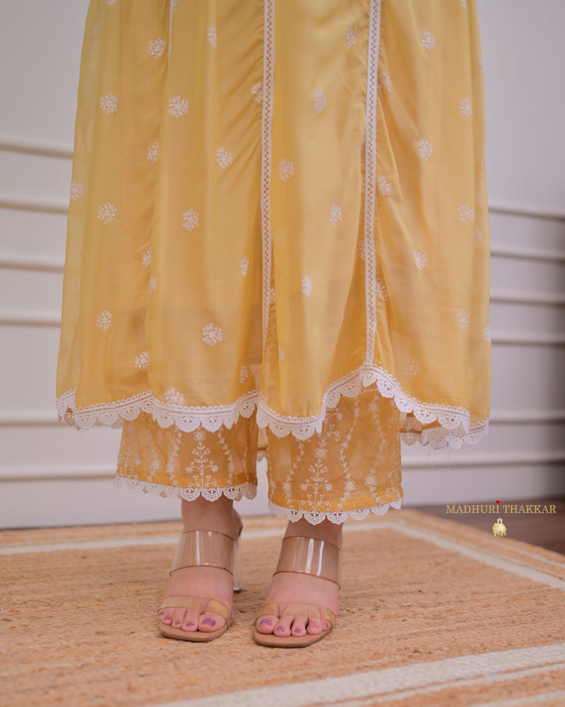 Yellow Pearlwork Organza Anarkali