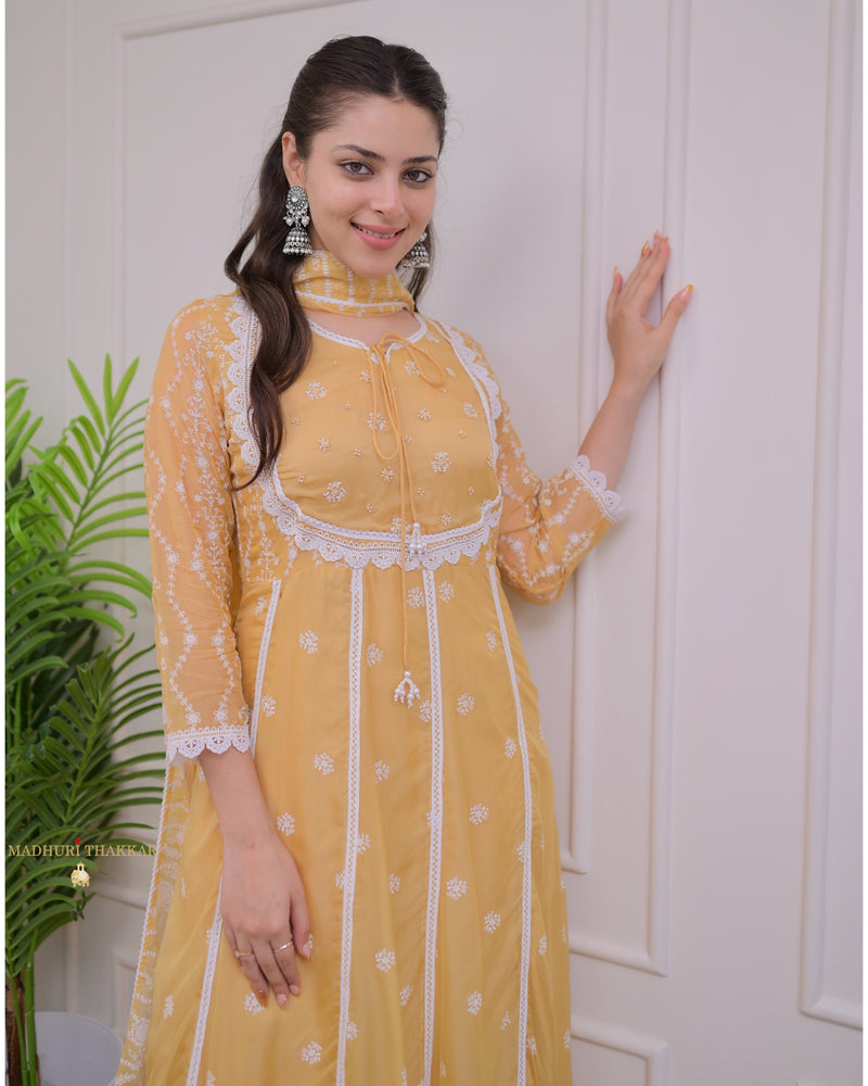 Yellow Pearlwork Organza Anarkali