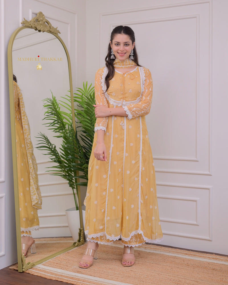 Yellow Pearlwork Organza Anarkali