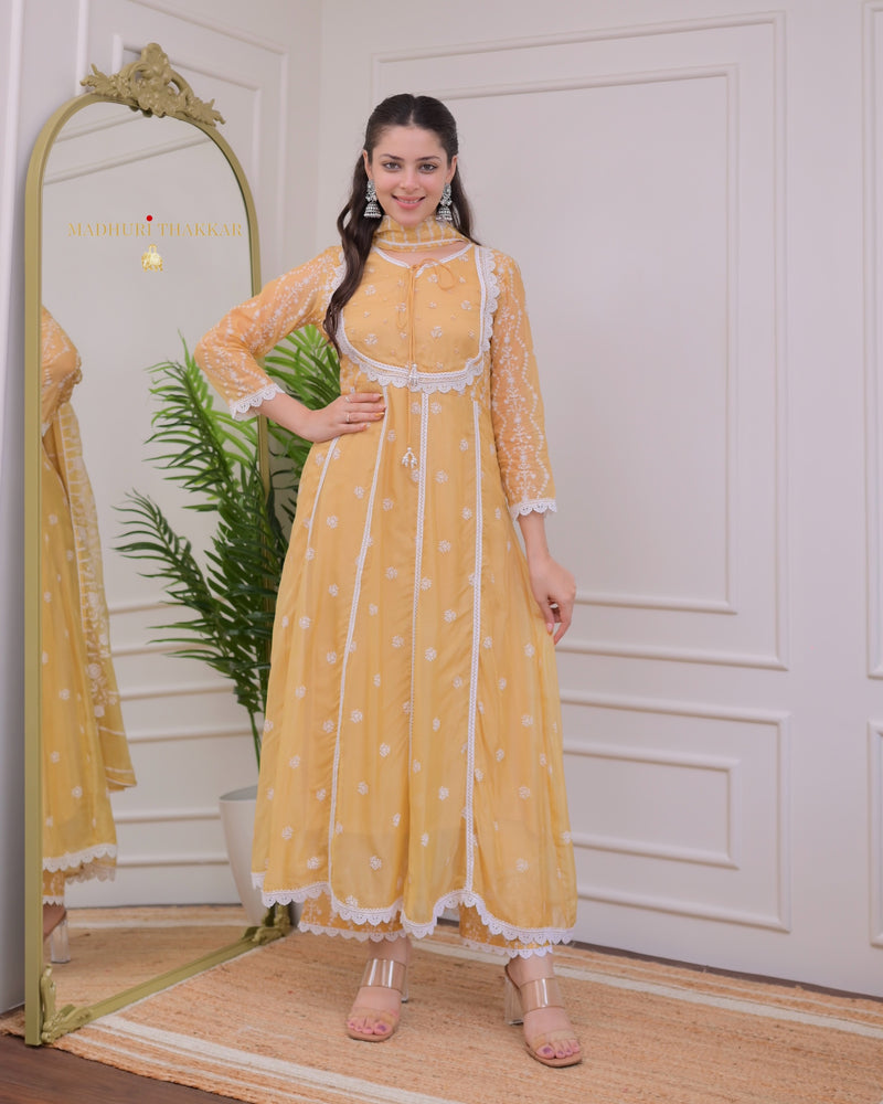 Yellow Pearlwork Organza Anarkali