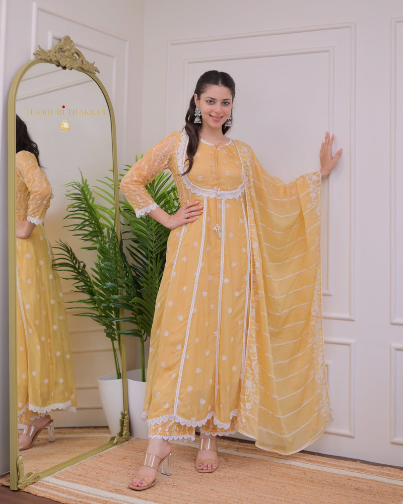 Yellow Pearlwork Organza Anarkali