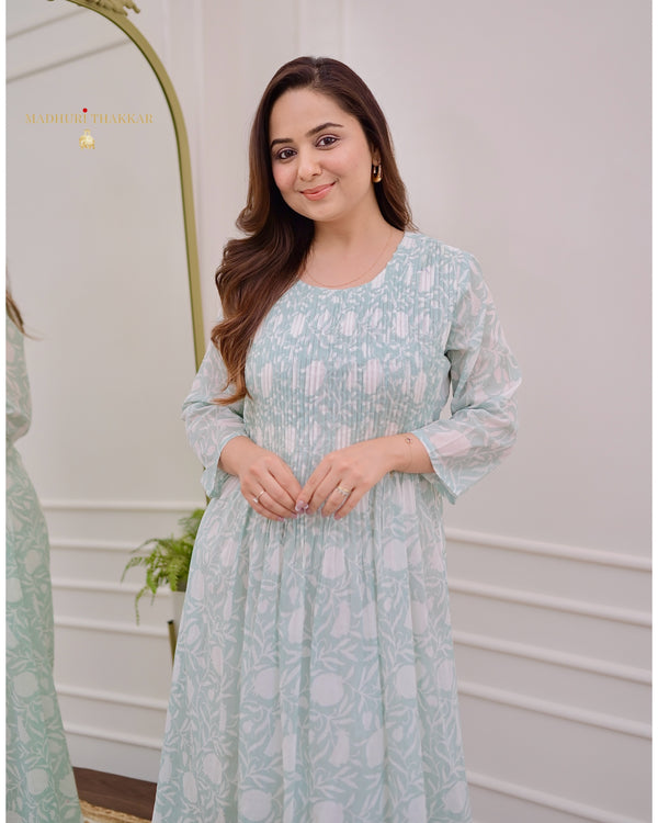 Mint Floral A Line Mul Cotton Kurti