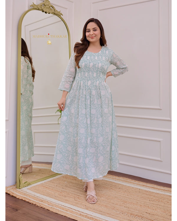 Mint Floral A Line Mul Cotton Kurti