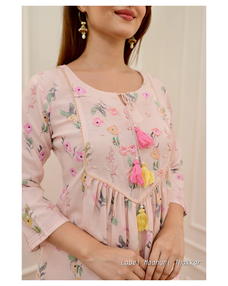 Baby Pink Linen Floral Embroidered Suit