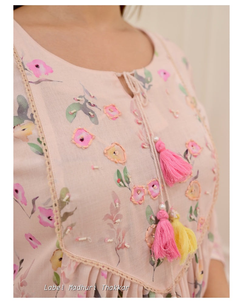 Baby Pink Linen Floral Embroidered Suit