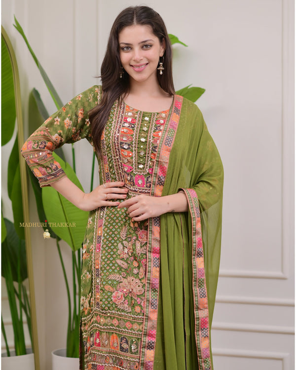 Mehendi Green Handwork Patchprint Palazzo Suit