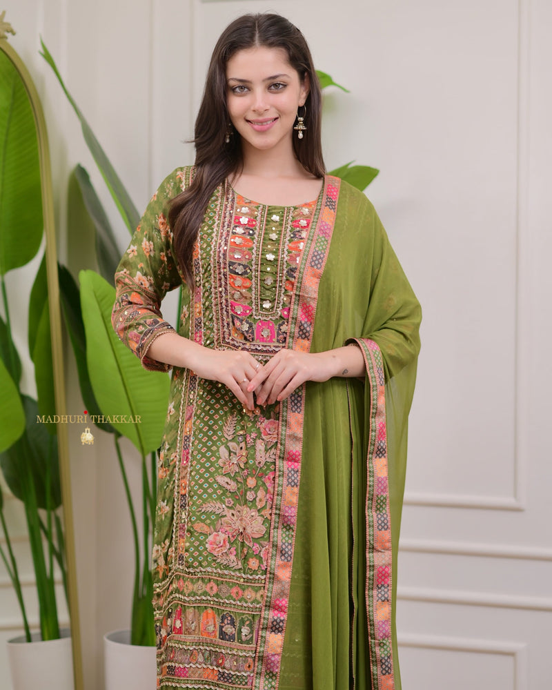 Mehendi Green Handwork Patchprint Palazzo Suit