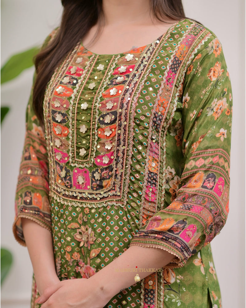 Mehendi Green Handwork Patchprint Palazzo Suit