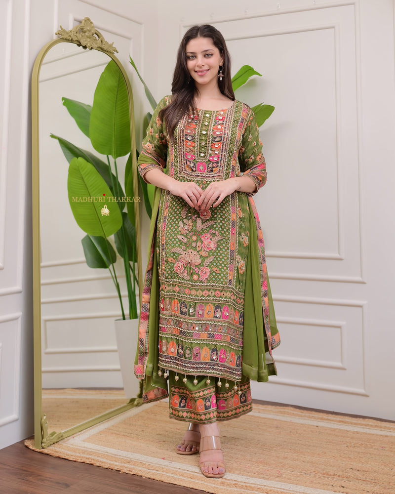 Mehendi Green Handwork Patchprint Palazzo Suit