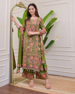 Mehendi Green Handwork Patchprint Palazzo Suit