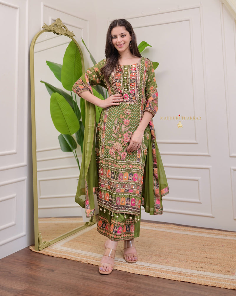 Mehendi Green Handwork Patchprint Palazzo Suit